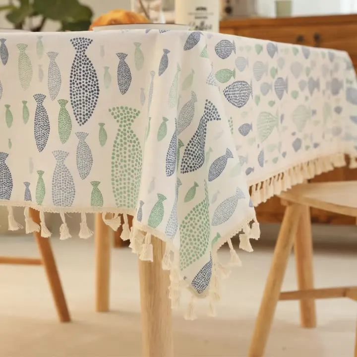 Cotton Linen Tablecloth Blue Mediterranean Triangle Tropical Fish With Lace Ocean Cover Table Cloth for Wedding Tea Table
