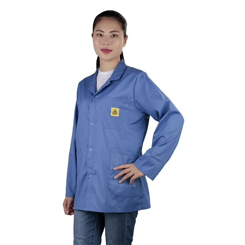 ESD Lab Coat with Lapel Collar, 3 Pockets & Snap Cuffs, Knee Length Anti-Static Jacket