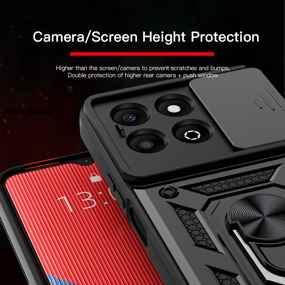 KEYSION Shockproof Armor Case for HONOR X6b Slide Camera Lens Protection Ring Stand Phone Back Cover for Huawei Honor X6b