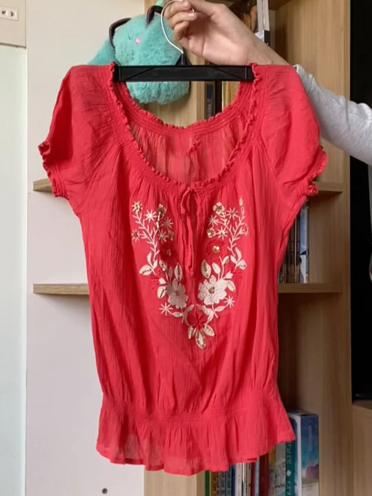 

Red Floral Print Slim Fit Vintage American Design Top Versatile Summer Casual Sle Cotton Blend ort Sve T-irt