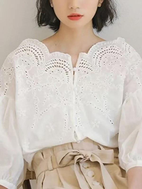 

Korean Sle Bubble Sve Embroidered Hollow out irt Women's Summer One oulder Loose Casual Top Versatile Thin Upper Body