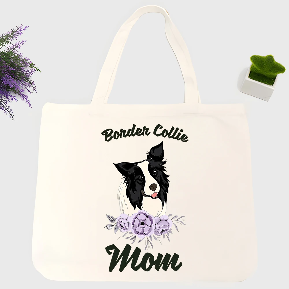 Women's Border Collie graphic canvas tote bag with floral design, ideal for casual daily use and shopping outings