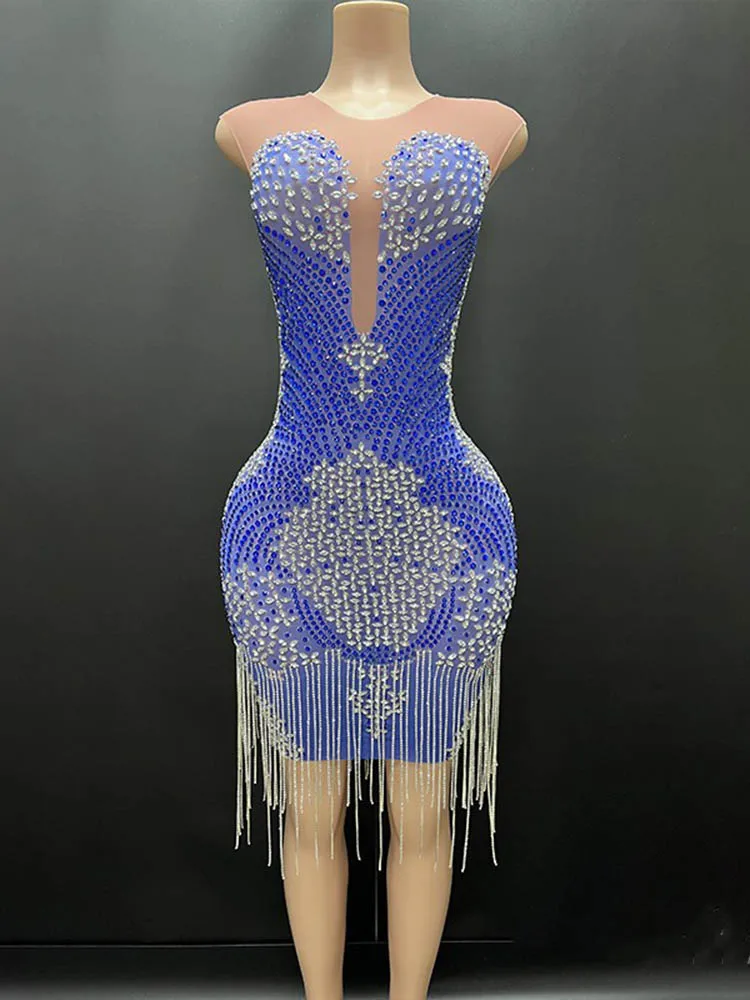 

High Quality Rhinestone Tassel Sexy Elastic Hip Hugging Dress 2024 New Fashionable Custom Women'S Clothing