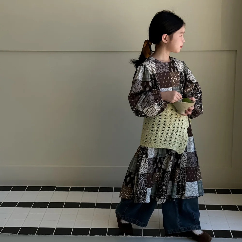 

‌2025 Autumn Girls' Dress Long Sleeve Plaid Korean Style Patchwork A-Line Dress Cute Toddler Dresses