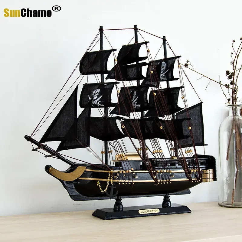 50cm Solid Wood Pirate Ship Mediterranean Sailing Model Wooden Crafts European Ornament Boat Manual Craft Accessories Home Decor