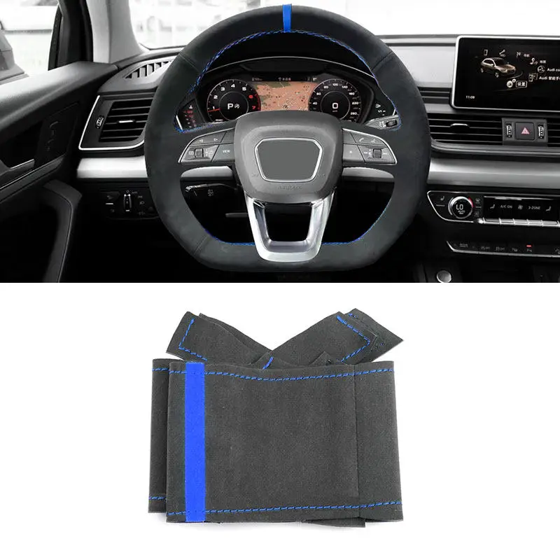 For Audi (D Shape) Q3 F3 Q5 SQ5 FY Q7 SQ7 4M Q8 2018-2022 Hand Sew Suede Leather Car Interior Steering Wheel Cover Trim Blue Bar