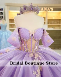 Lavender Purple Quinceanera Dresses Flower Butterfly Appliques Crystals Beading Sequins Sweet 16 Dresses Ball Gown Customized