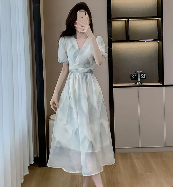 

New Chinese Style Printed Slim Fit Short Sleeved Dress for Summer 2025