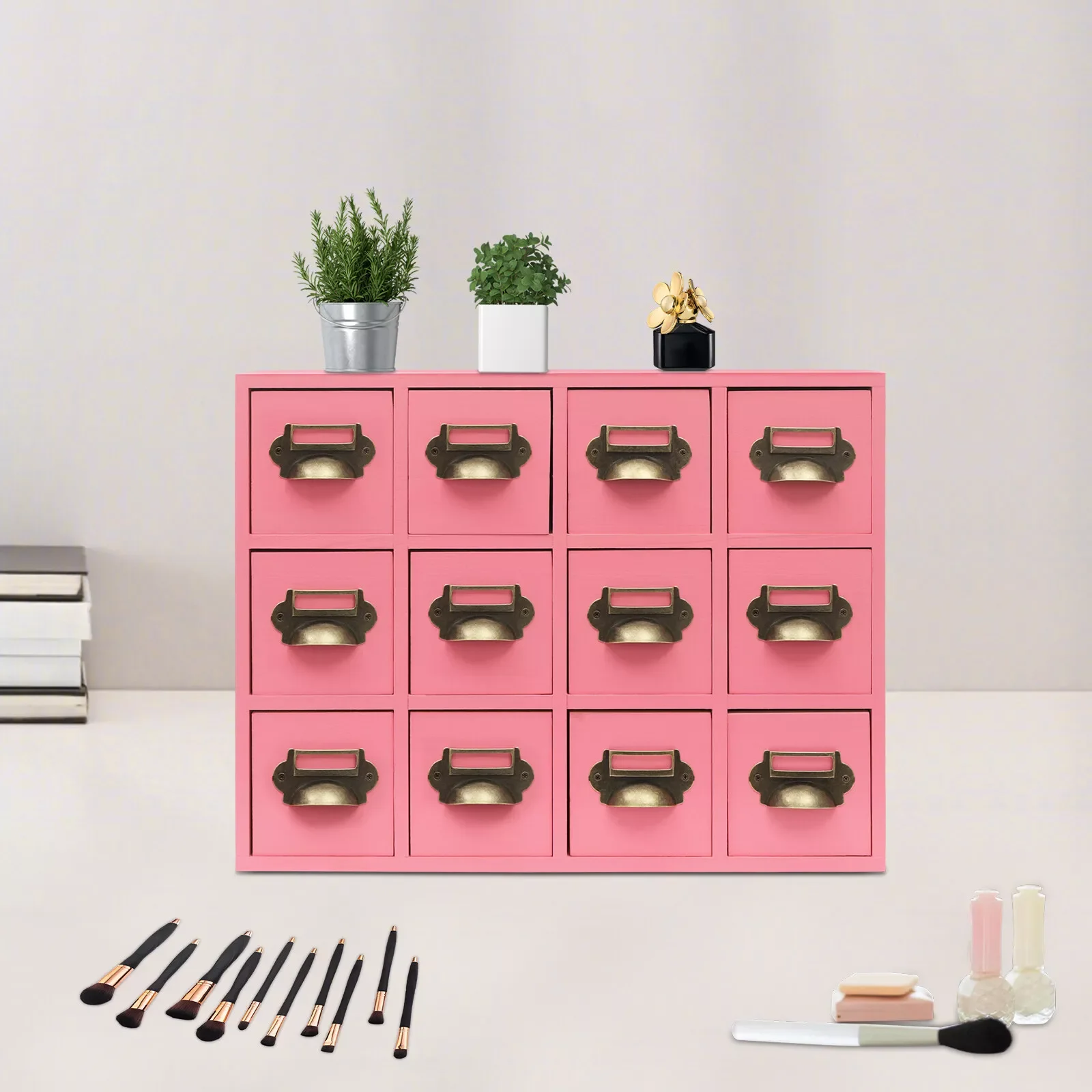 

Pink 12 Drawers Storage Cabinet Desktop Drawer Organizer Wooden Medicine Cabinet