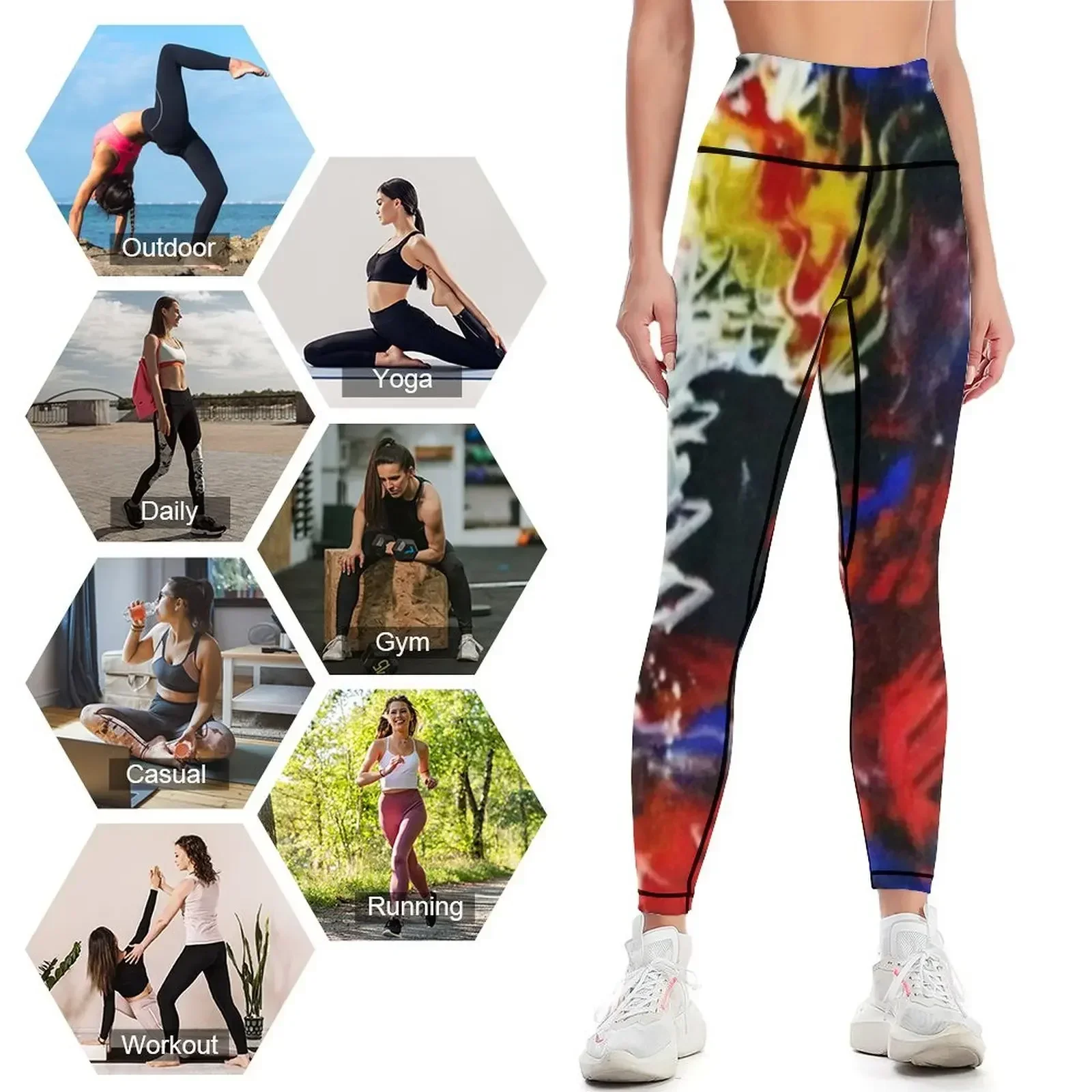 لوحة أكريليك تجريدية من Joy، أحمر، أزرق، أبيض، أسود، أصفر، سراويل ضيقة رياضية للسيدات، سراويل ضيقة للسيدات