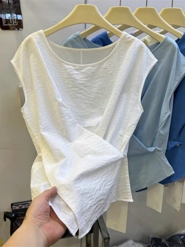 

Outlet Premium Sensation Women's Shirt Asymmetrical Cross Buckle Hem Slimming Small Flying Sleeve Casual Loose Fit Summer