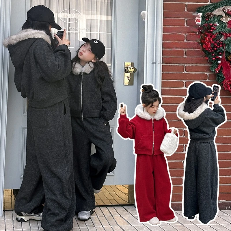 

Комплект спортивной одежды для девочек-подростков 4–18 лет, толстовка с капюшоном и большим меховым воротником + бархатные широкие брюки, костюм из 2 предметов для младшего ребенка, детская одежда