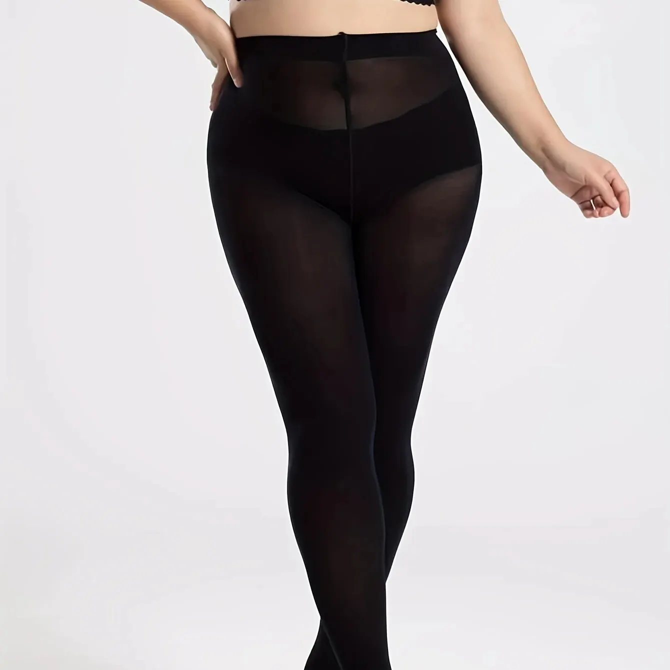 Plus Size Casual Stockings For 0XL-2XL, Women's Plus Solid Semi Sheer Footed Stretchy High Rise Tights