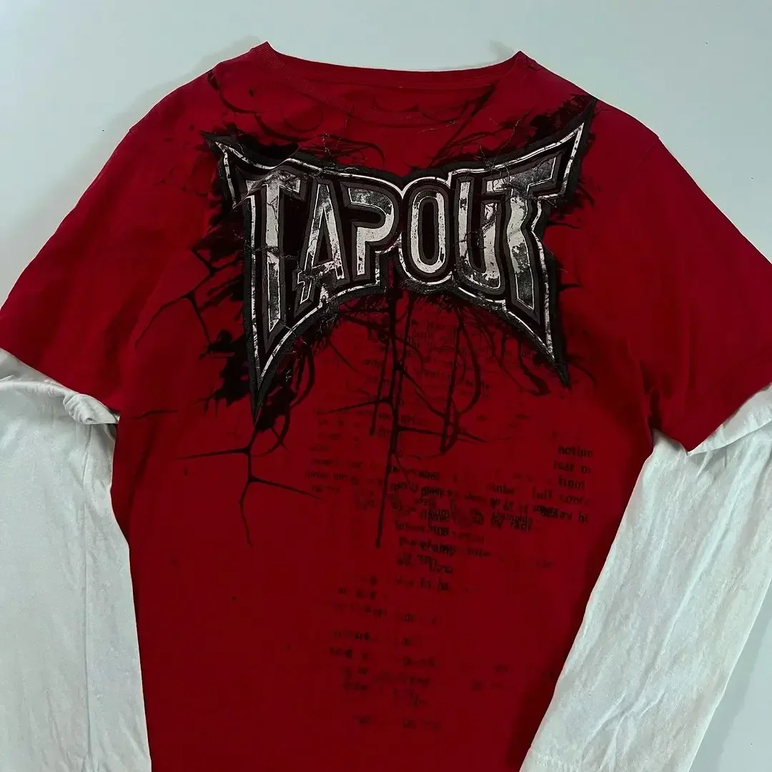 TAPOUT New Y2K Red  Printing  T shirt Men  Hip Hop Round Neck Oversized Long Sleeved Casual Gothic Clothing Tops Streetwear