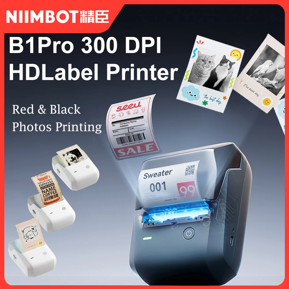 Impresora de Etiquetas Térmica Portátil NIIMBOT B1-Pro 300DPI con Cintas Adhesivas de 2 Pulgadas, Impresión de Fotos, Compatible con Bluetooth, Teléfonos y PC
