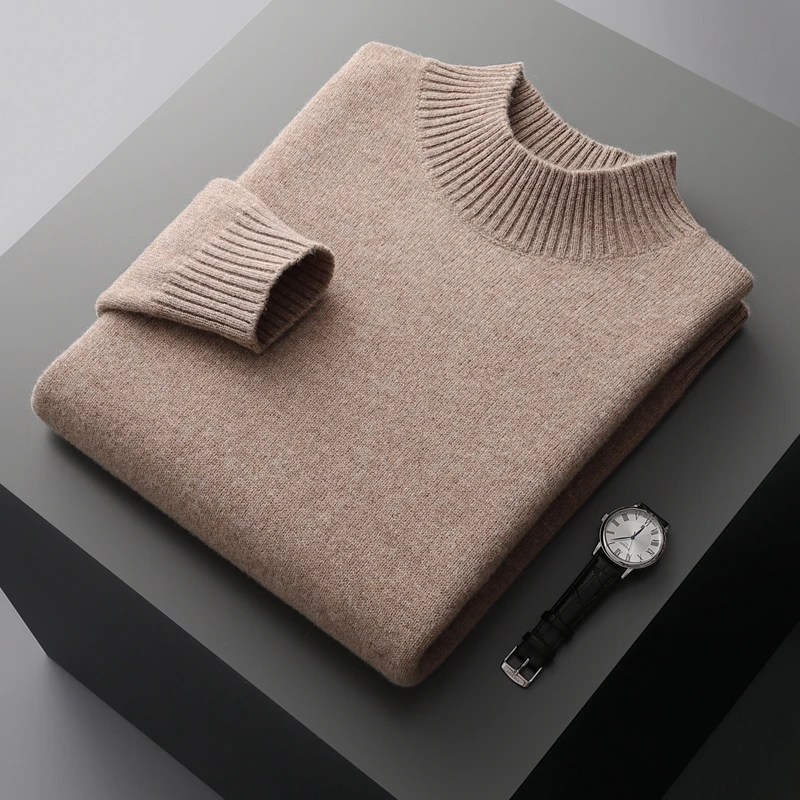 Winter Double Thick Men's Cashmere Sweater With Semi-High Neck High-End Warm Wool Knitted Bottoming Shirt