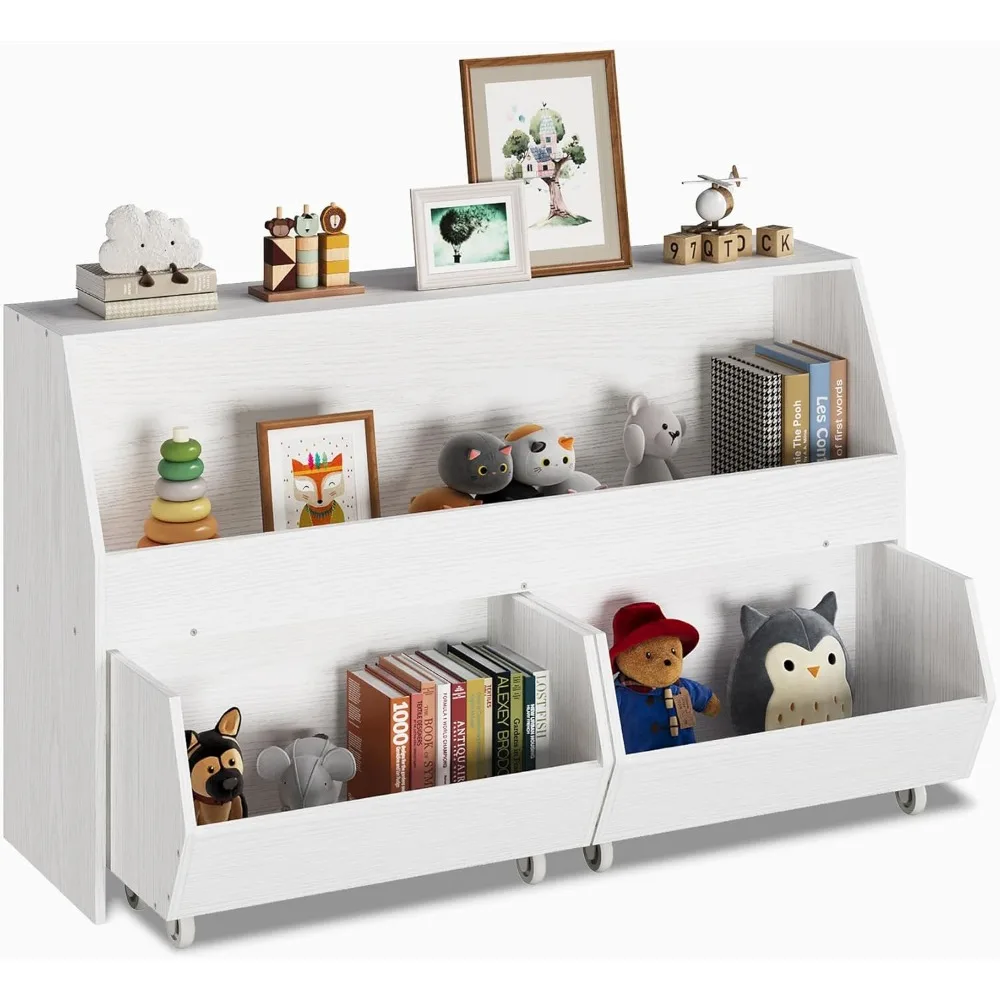 Toy Storage and Organizer for kids, Boys and Girls Bookshelf Bookcase and Storage Bin with Moveable Trolly