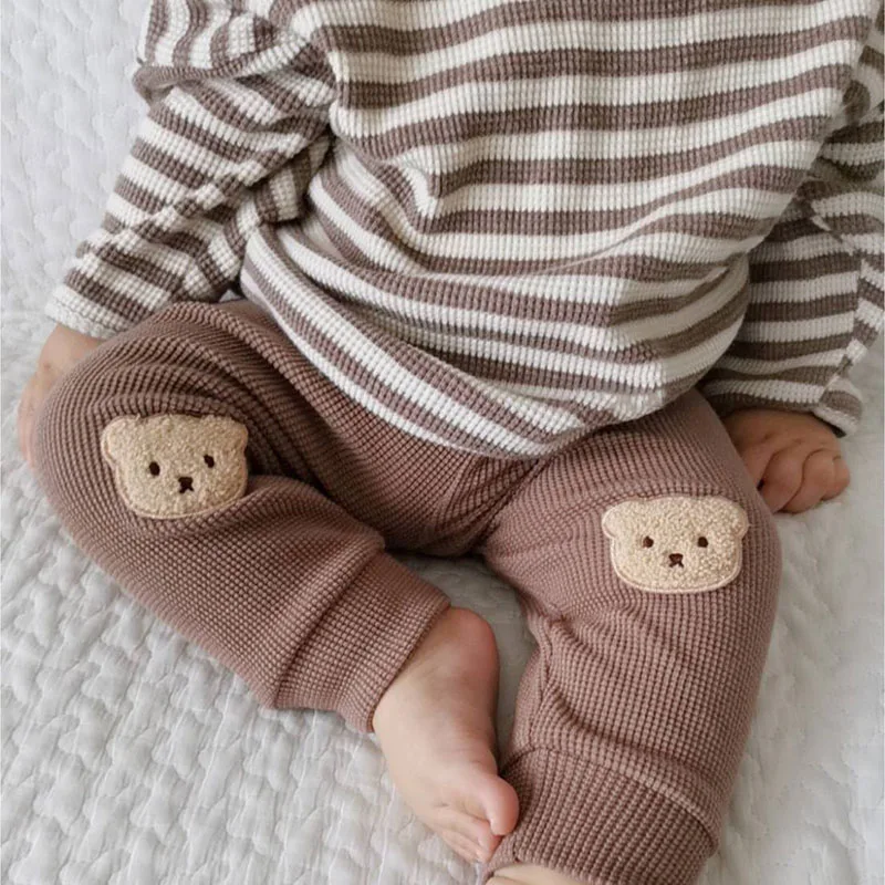 Autumn Baby Clothes Waffle Bear Harem Pants Striped Tops Bottom Layer