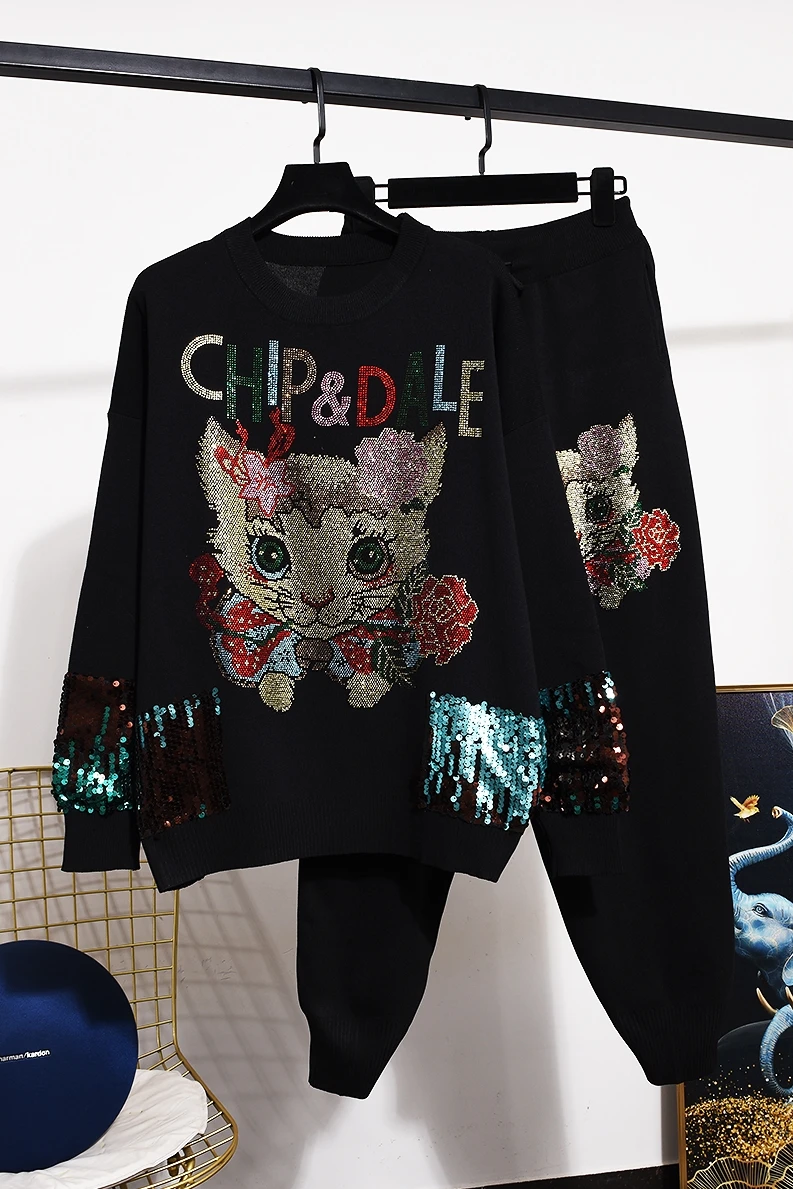 Spring Autumn Women Two-piece Sets Cartoon Hot Drilling Knitted Pullovers Sweater Top + Loose Casual Harem Pants Streetwear Suit