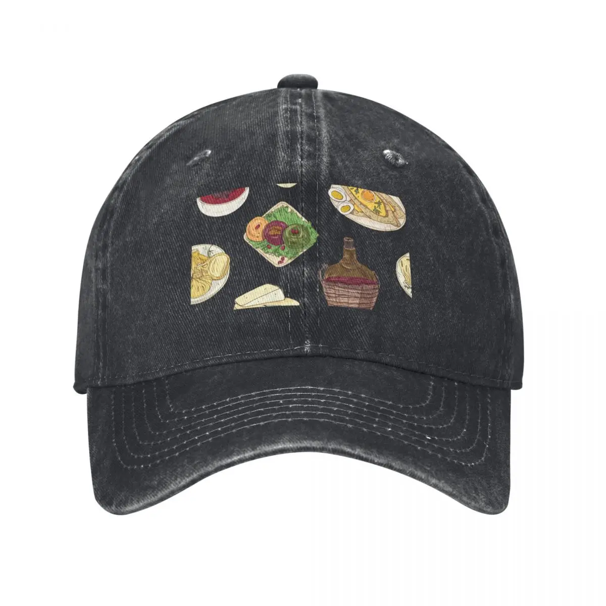

Assorted Georgian Food Pattern - Khachapuri, Khinkali, Badrijani, Dolma, Kharcho, Wine and Cheese Baseball Cap