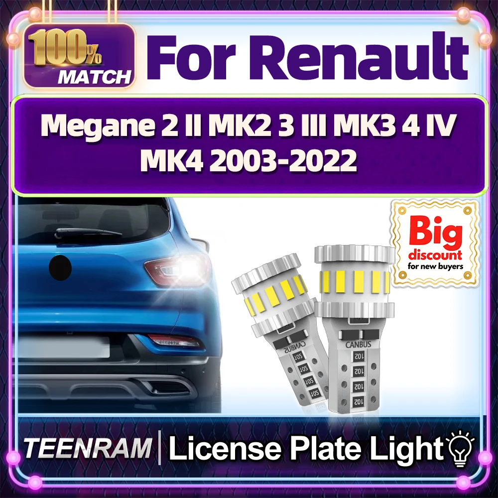 TEENRAM For Renault Megane 2 II MK2 3 III MK3 4 IV MK4 2003-2022 LED License Plate Light Bulbs 6W License Plate Lamp Ampoules