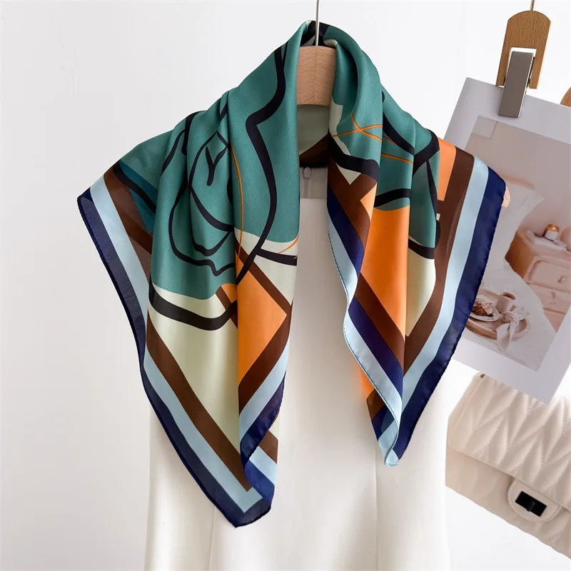 

70cm Rose Print Shawl Square Scarf for Women Soft Satin Neckerchief Female Hair Bands Ribbon Headband Bandana