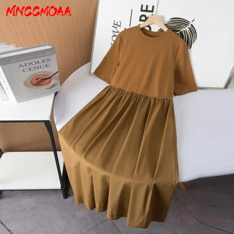 

MNCCMOAA 2024 Spring Summer Woman Fashion Loose Vintage O Neck Splice Short Sleeve Dress Female Solid Casual Elegance Dresses