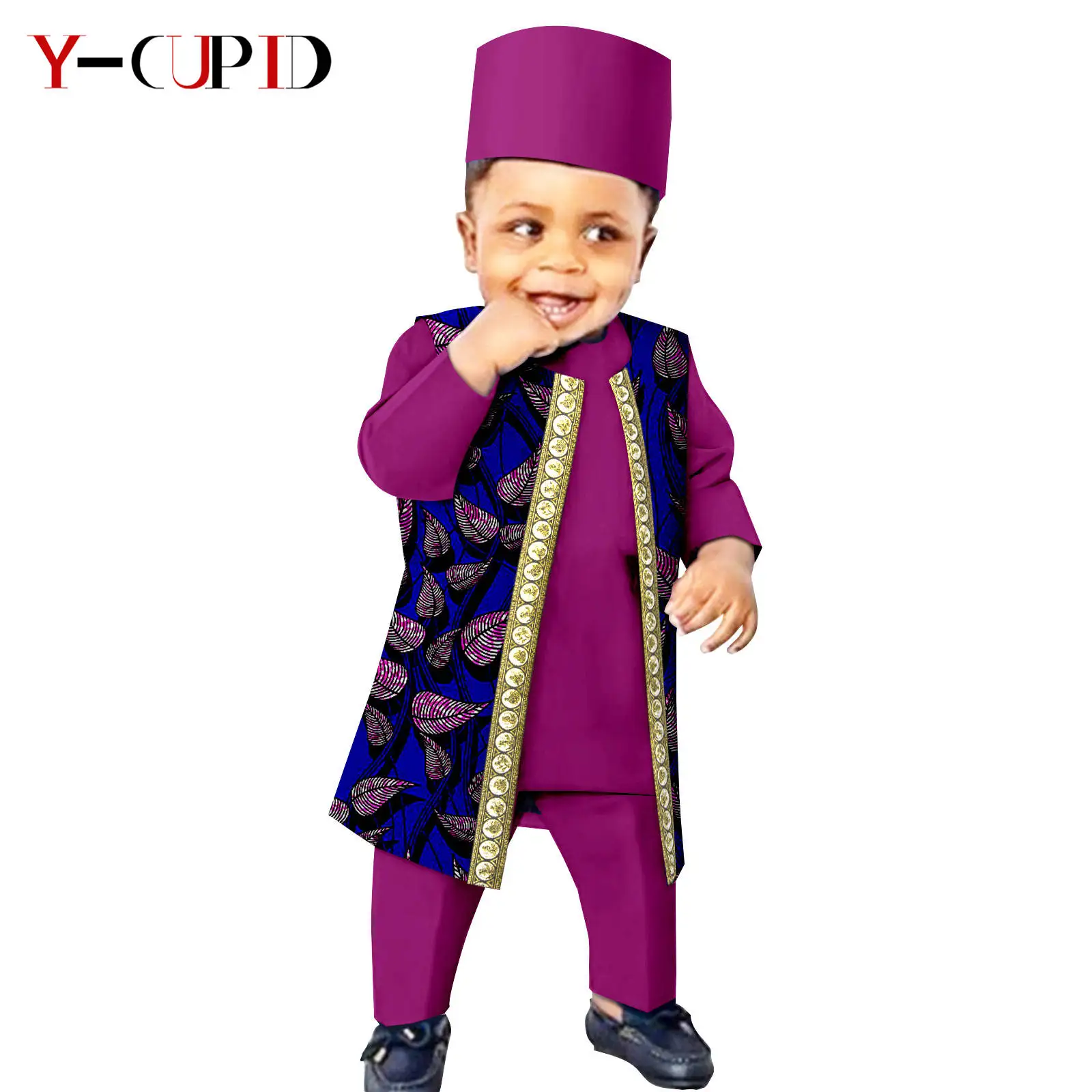 Vestiti per ragazzi africani Completi per bambini Bazin Riche Set da 4 pezzi Gilet con stampa + T-shirt + Pantaloni + Berretto Abiti per bambini Agbada Outwear Y 234005