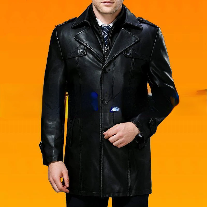 Men Real Leather Zipper Jackets  Motorcycle Outerwear Autumn   Thicked Trench Coat Fleece Warm Windbreakers G109