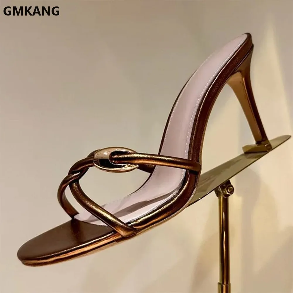 Women's Genuine Leather High Heel Sandals Cross Narrow Band Stiletto Heel Round Toe Wedding Party Shoes Summer Dress Elegant