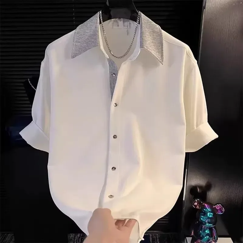 Advanced Splicing Short-sleeved Shirt for Men Trendy Casual Loose Fashion New Contrasting Color Versatile Cardigan