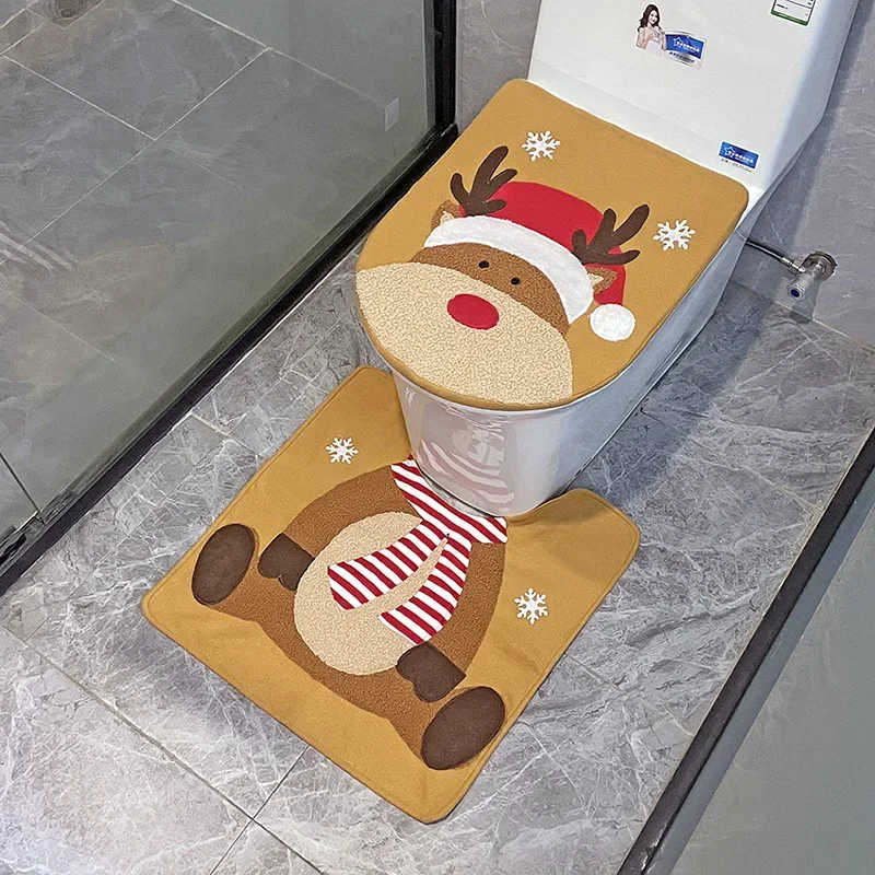 2pcs Christmas Bathroom Mats Sets Santa Claus Bath Mat WC Toilet Seat Cover Toilet Mat Toilette Tapa Inodoro Decoration Commode