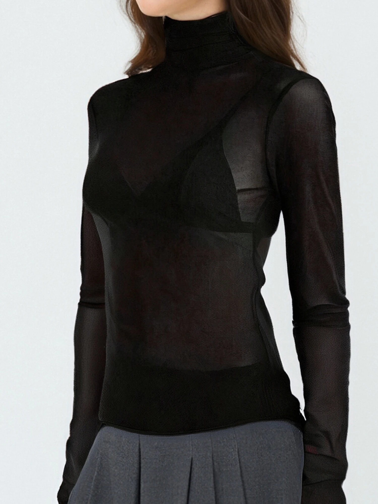 بلوزة نسائية بأكمام طويلة وياقة مدورة بلون سادة، قمصان خريفية شفافة #5