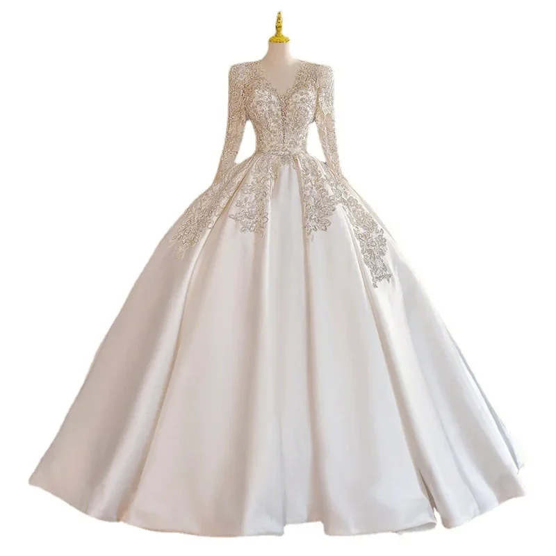 Summer Bridal Sleeves Heavy Beaded V-Neck Satin Premium Textured Court Master French Wedding Dress