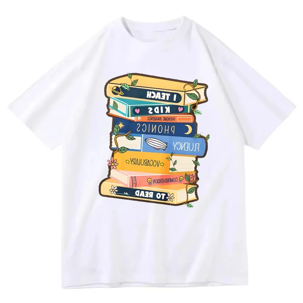 Unisex Book Stack Graphic T‑Shirt Casual Crewneck Short Sleeve Reading Print Tees Book Lover Gift Reader Daily Streetwear Tops