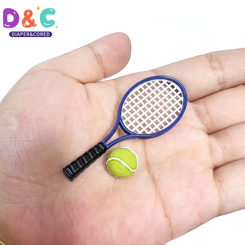 1/6 1/12 Dollhouse Mini Simulation Tennis Racket And Ball DIY Accessories Plastic Miniature Tennis Racket Sport Tennis Model