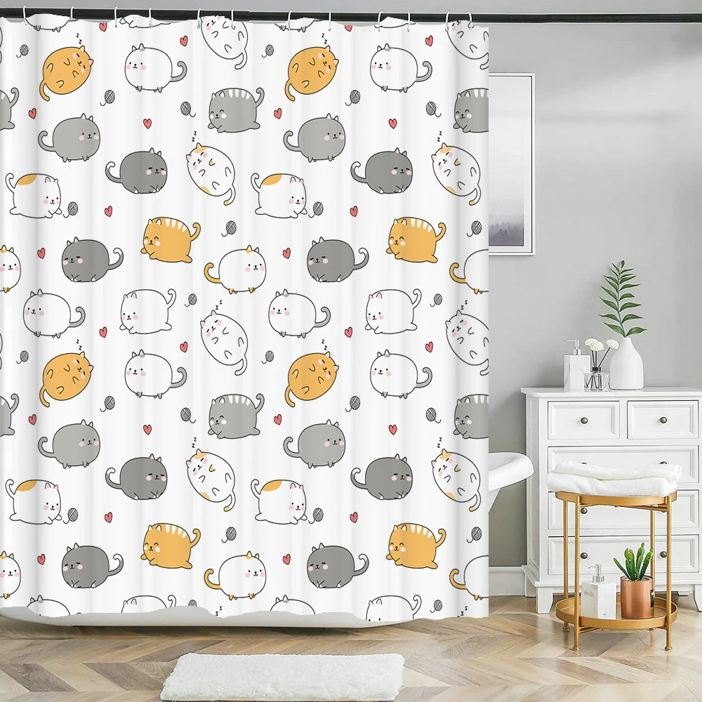 Cute Cat Animal Shower Curtain Baby Room Decor Waterproof Cartoon Shower Curtain Bathtub Curtain Bathroom Textured With Hooks