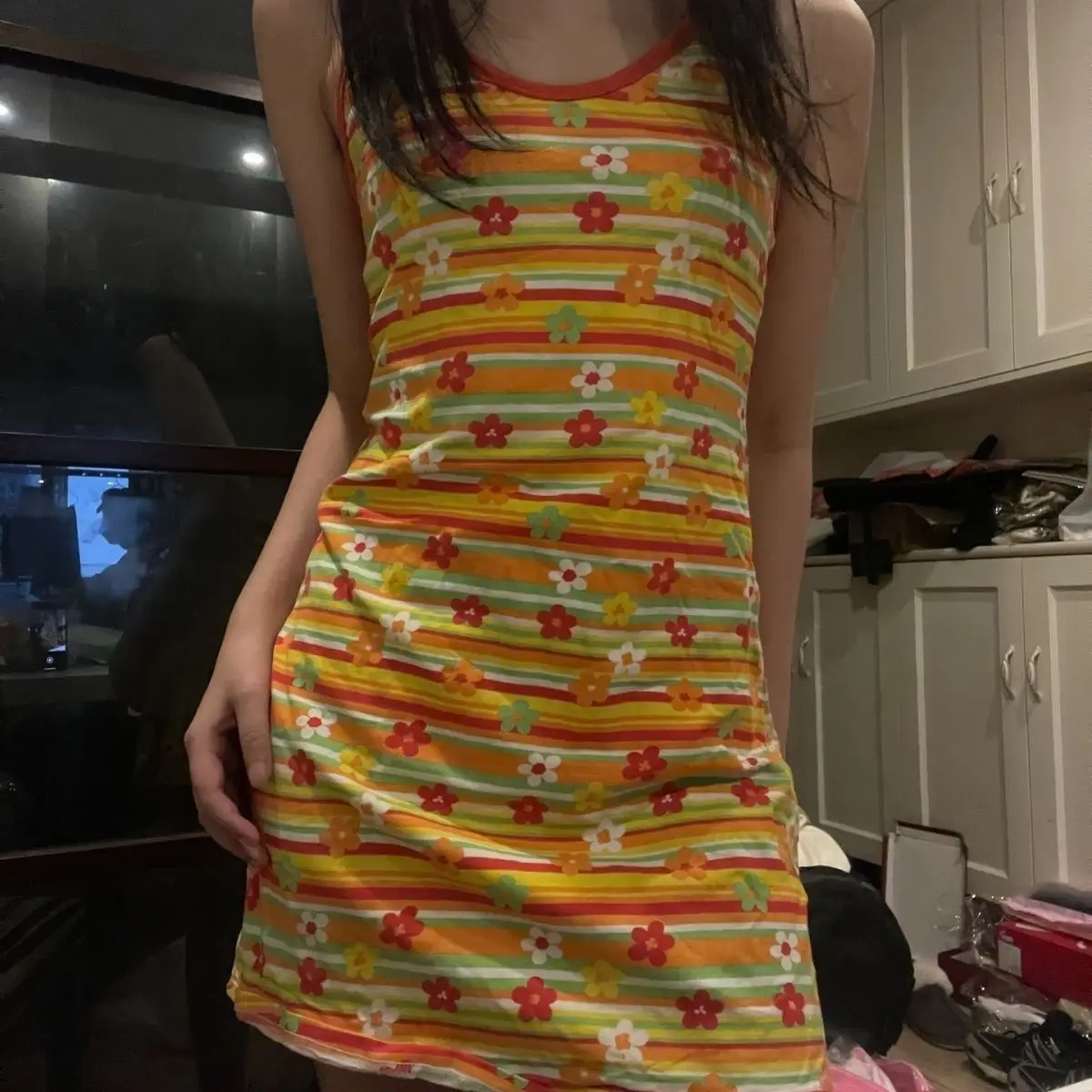 

Onalippa Fashion Strap Vest Slim Fit Hip Hugging Dopamine Short Dress Rainbow Stripe Hanging Neck Lace Up Sleeveless Dresses