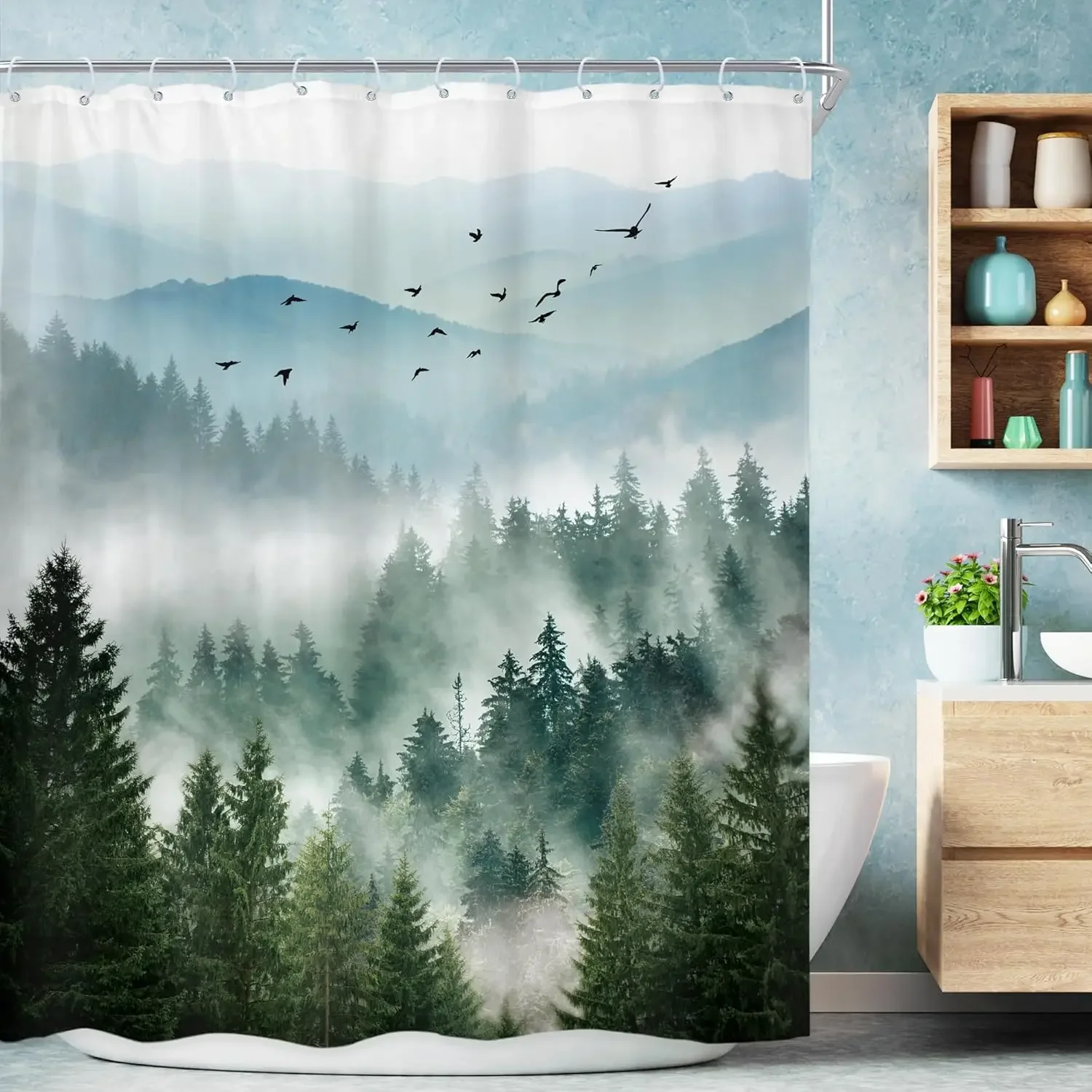 Green Shower Curtain Natural Mountain View Pine Bathroom Decorative Fabric Polyester Waterproof Shower Curtain 180X180CM