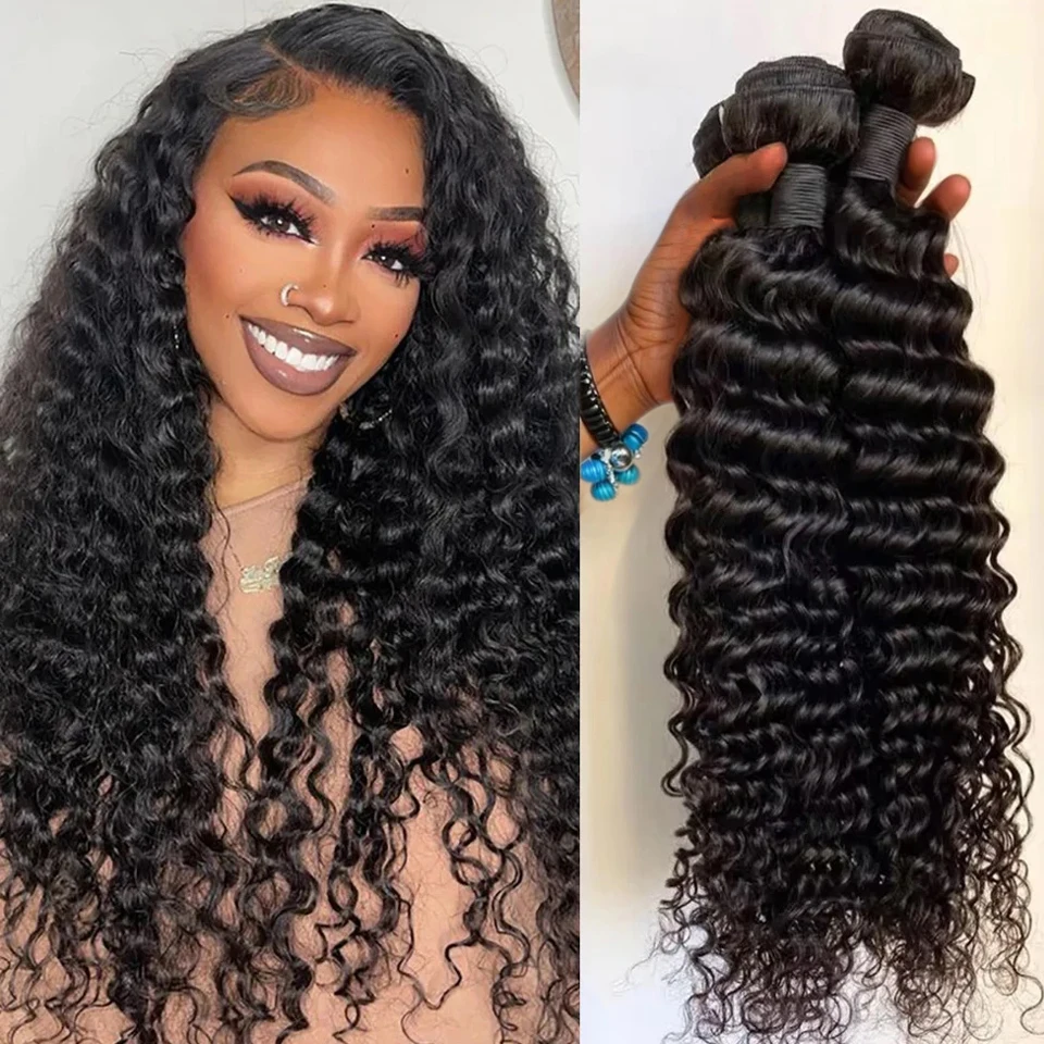 

Вьющиеся свободные глубокие волны 30 40 дюймов 3 4 5 пучков 100% необработанные человеческие волосы с двойным утком, бразильские наращивание волос Remy