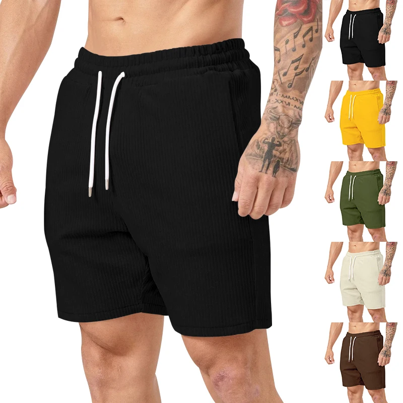 

2024 summer new pure color lace-up tracksuit pants corduroy simple quarter pants men's short casual pants
