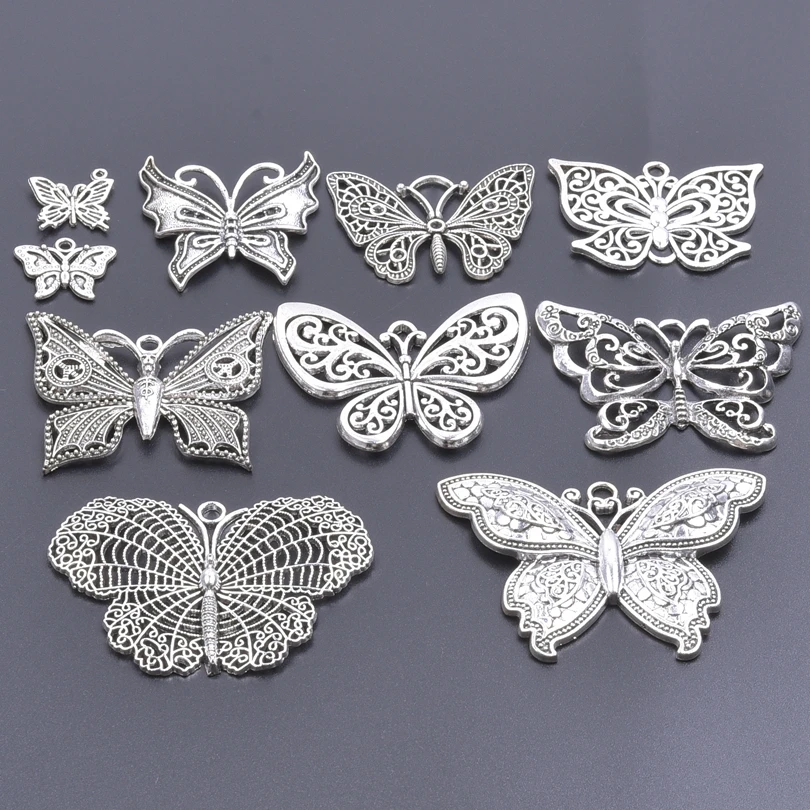 10pcs/Lot Big Hollow Out Butterfly Charms For Jewelry Making Charm Animal Pendant Silver Color DIY Necklace Vintage Accessories