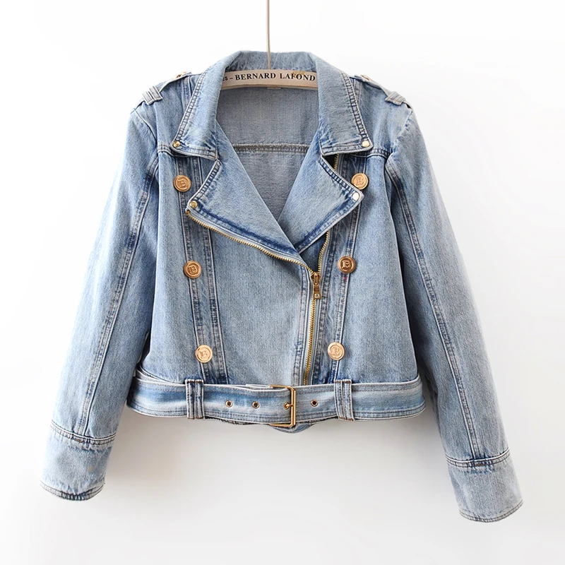 2024 Spring Autumn New High Waist Zipper Long Sleeve Denim Coat Women\'s Casual Short Loose Jean Top Motorcycle Jackets Female