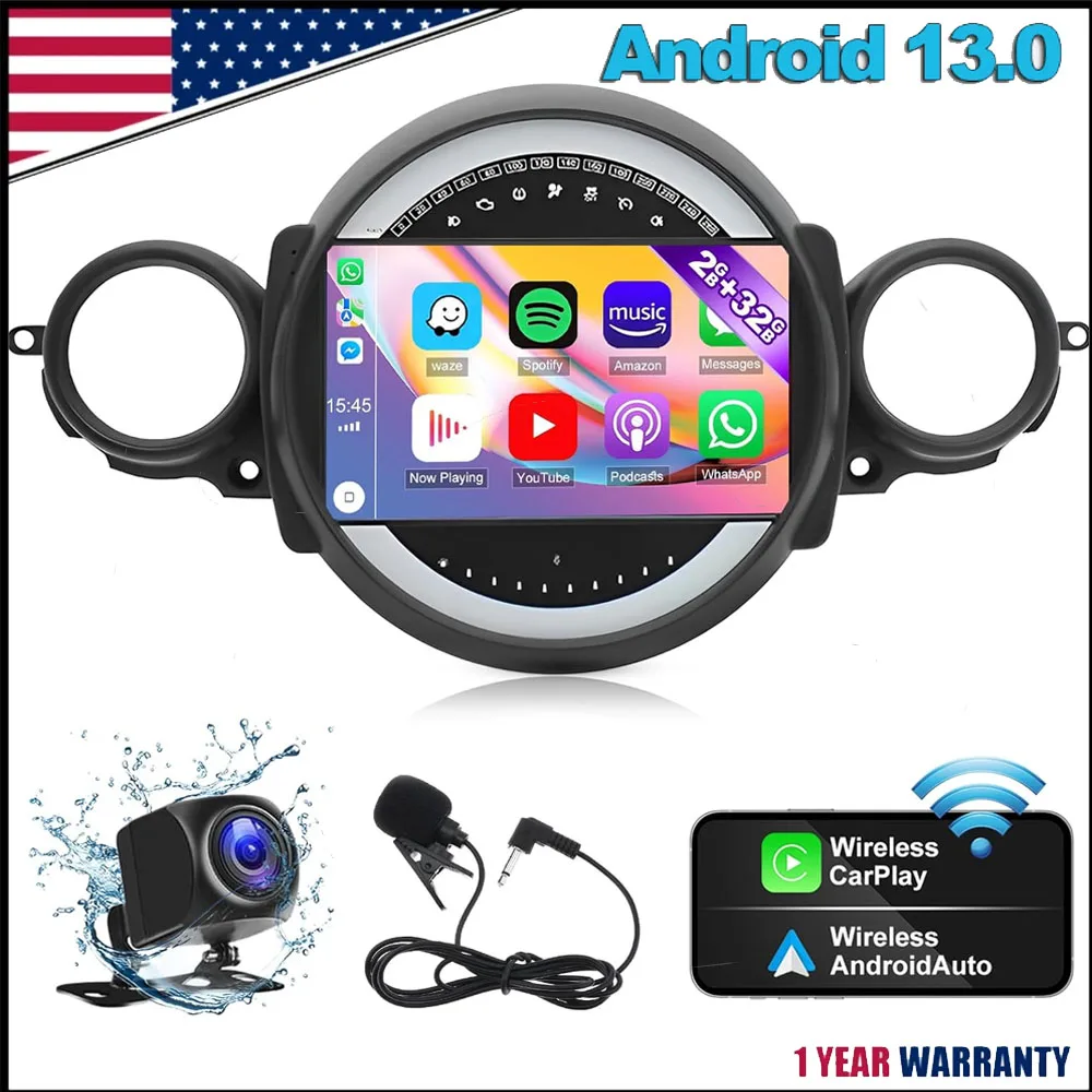 9 inch 8 Cores Android 13 Car Touch Stereo Radio 2+32G GPS Navigation For Mini Cooper R56 2007-2014 Support Wireless Carplay Android Auto Car Radio with Bluetooth WiFi FM/RDS SWC Split Screen AHD Backup Camer