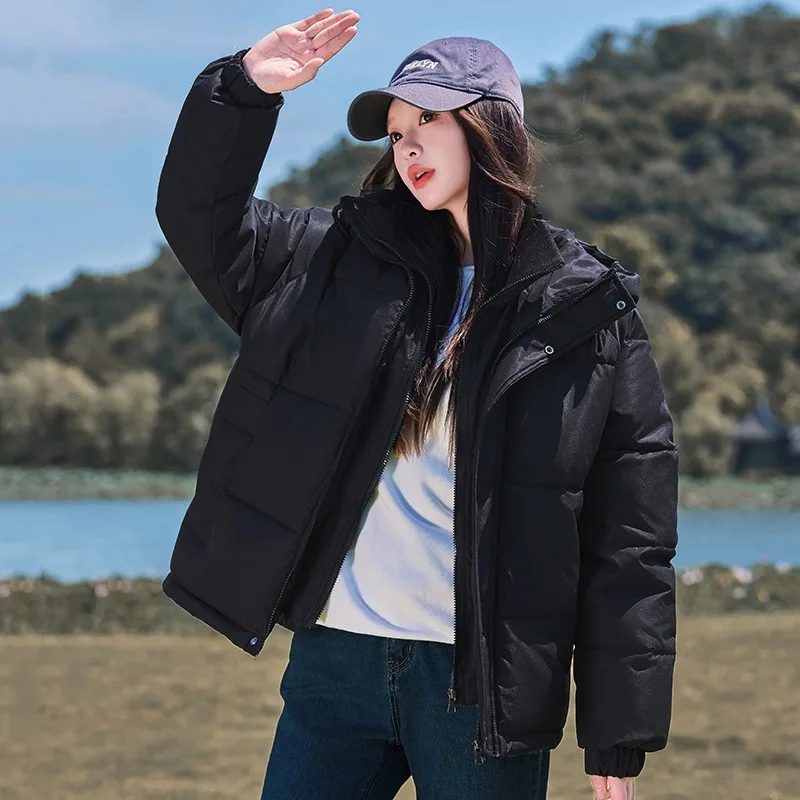Winter Mock Two‑Piece Puffer Jacket Knit Neck Panel Attached Hooded Patch Pockets Elastic Cuffs Loose Short Cut Casual Outercoat