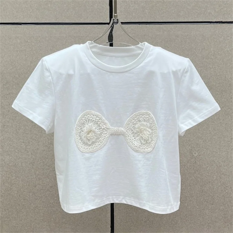 

Women's t-shirt New elastic knitted slim fit short sleeved top for summer 2025 Embroidered hollowed out pure cotton pullover y2k