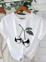 Casual Spring Top with Cartoon Design Casual Wear Modern Silver Cherry Print Women'S Round Neck Graphic TShirt Vintage Clothes