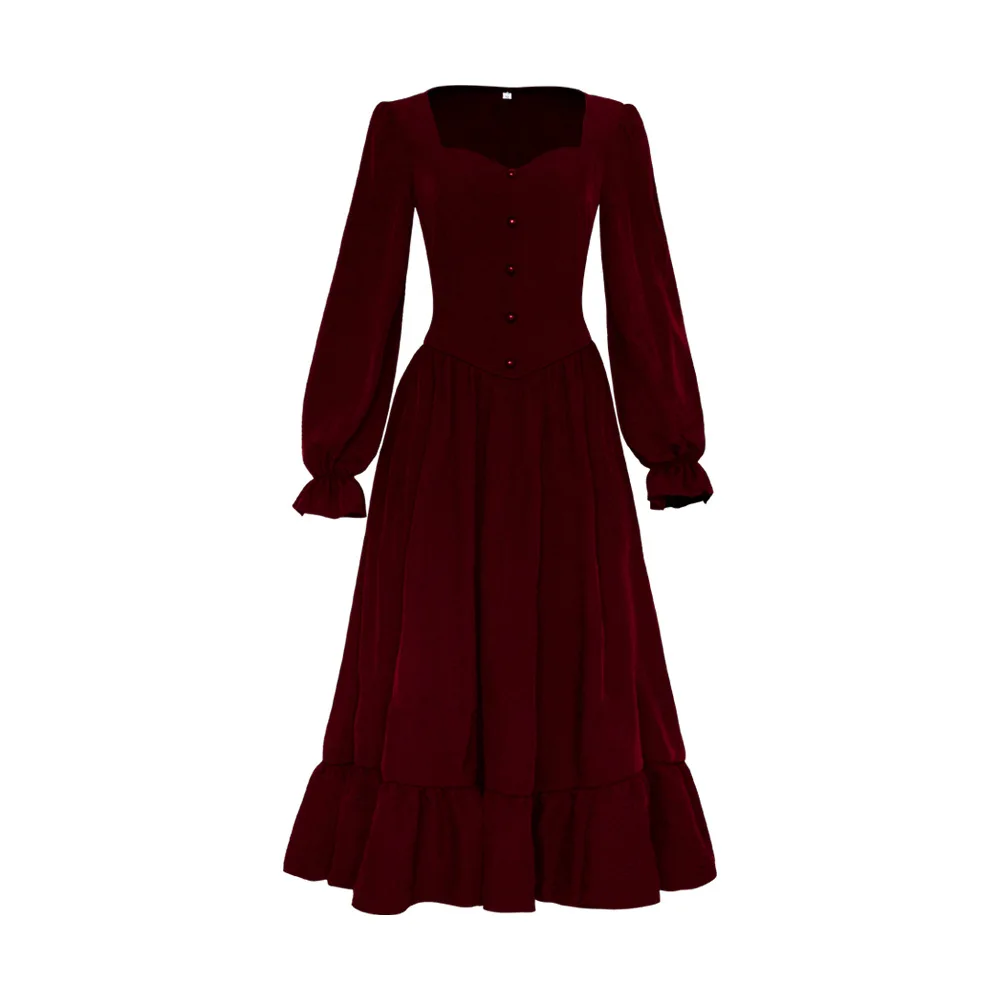 Gothic Medieval Dress Women Vintage Long Sleeve Sweetheart Dress Soild Court Style Dresses Formal Banquet Prom Party Dresses