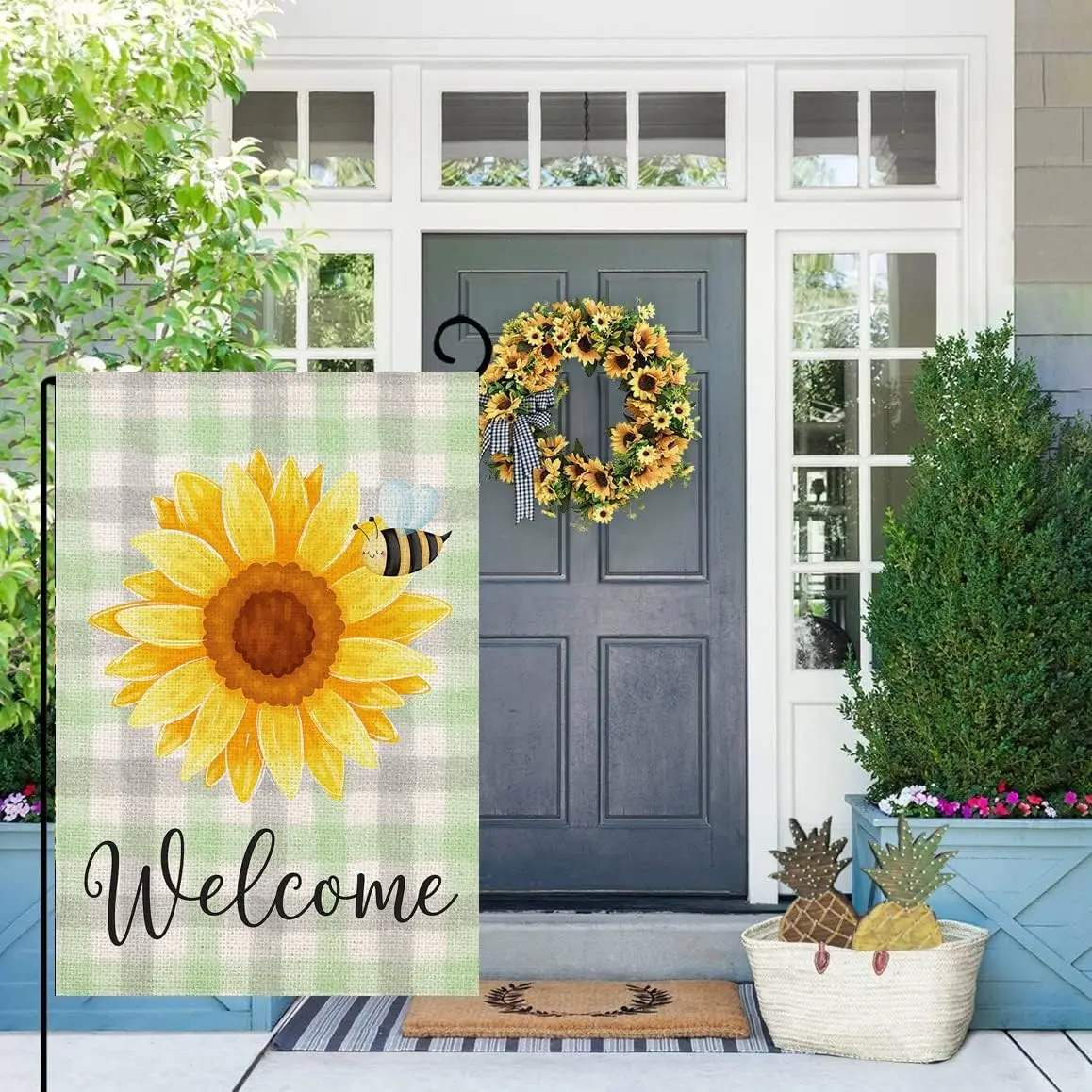 Sunflower Bee Welcome Burlap Garden Flag 12x18 Inch Vertical Double Sided Outside Spring Summer Floral Farmhouse Buffalo Plaid Y