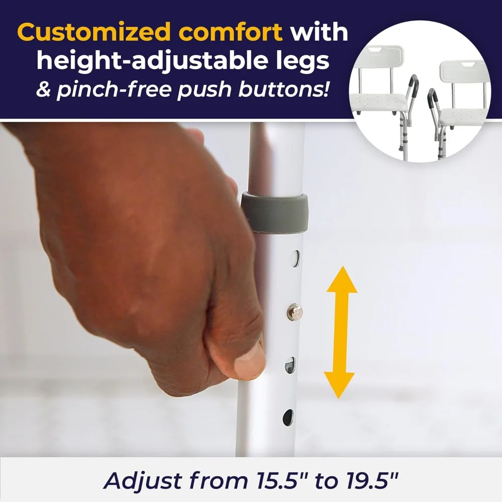 كرسي استحمام بارتفاع قابل للتعديل مع ظهر وأذرع، مقعد حمام غير قابل للانزلاق لكبار السن ودعم التنقل، سعة 350 رطل